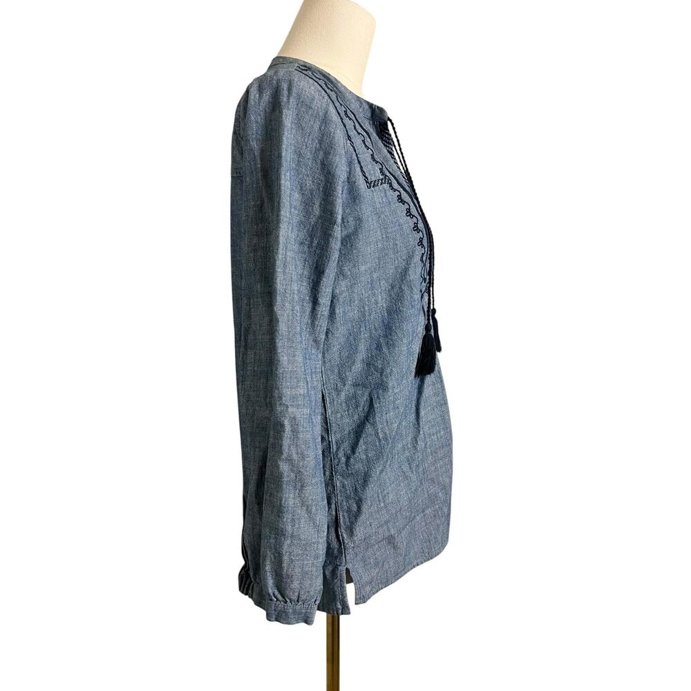 J.Crew Mercantile Blouse Womens XS Blue Embroidered Tassel Tunic Top Boho - Picture 2 of 6